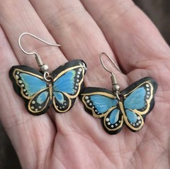 Vintage Butterfly Earrings Hand Painted Copper Dangle