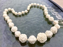 Vintage Ivory Celluloid Carved Graduated Rose Beads Necklace + earrings set