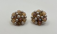 Vintage JAPAN Faux Pearl & Peach Aurora Borealis Beaded Cluster Clip On Earrings