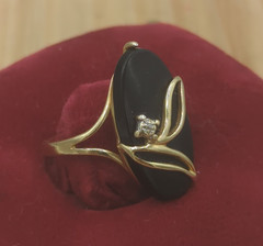 Vintage PSCO-P 14k gold and onyx ring, diamond chip inset size 6 Deco Style