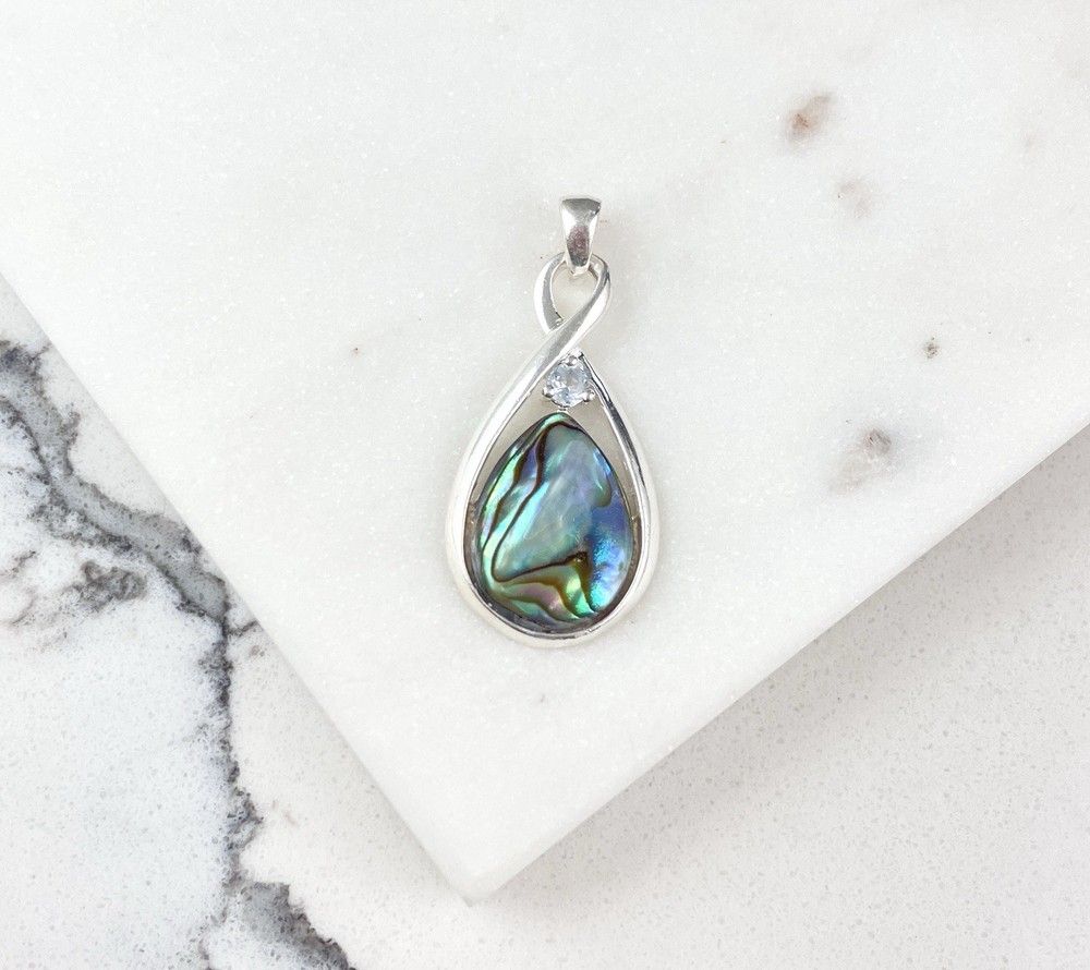 Vintage 925 Sterling Silver Abalone Boho Teardrop Pendant