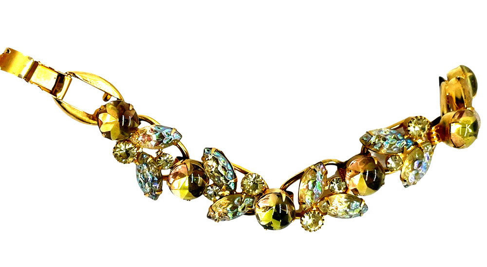 RARE Juliana by D&E Iridescent Corn Kernel & Green/Pink Cabochon Link Bracelet