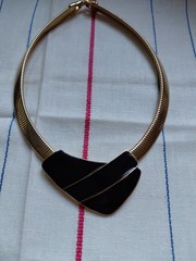 Vtg Choker Flatten Snake goldtone Signed TRIFARI black Enamel Statement 70s-80s