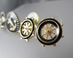 Vintage Nautical Wheel Anchor Navy Blue Black Enamel LOT of 2 Post Earrings 195M