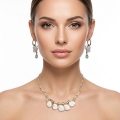 Vintage White Thermoset Leaf Gold-Tone Necklace Butterfly Faux Pearl Earring Set