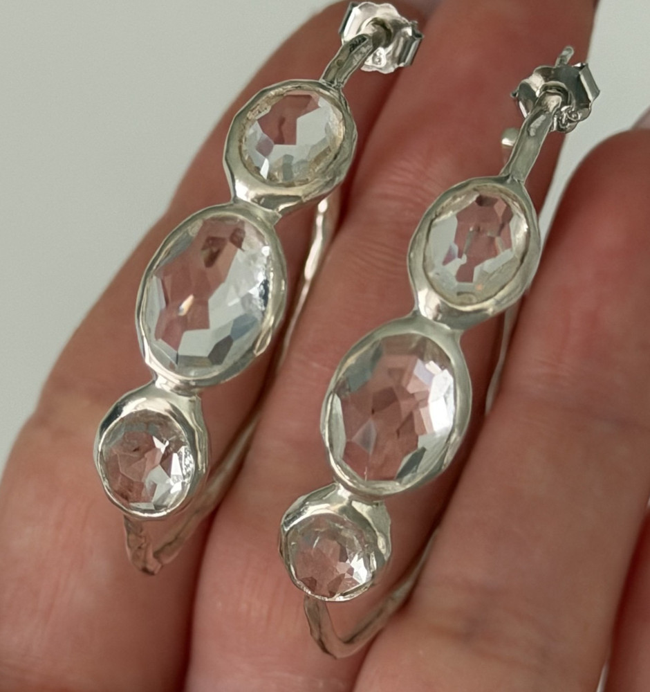 $595 Ippolita 925 Sterling Silver Clear Rock Candy Quartz 4 Stone Hoop Earrings