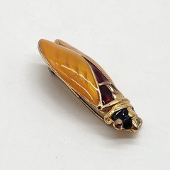 Vintage Signed Enamel Cicada Brooch Gold Tone Amber Burgundy Figural Insect Pin
