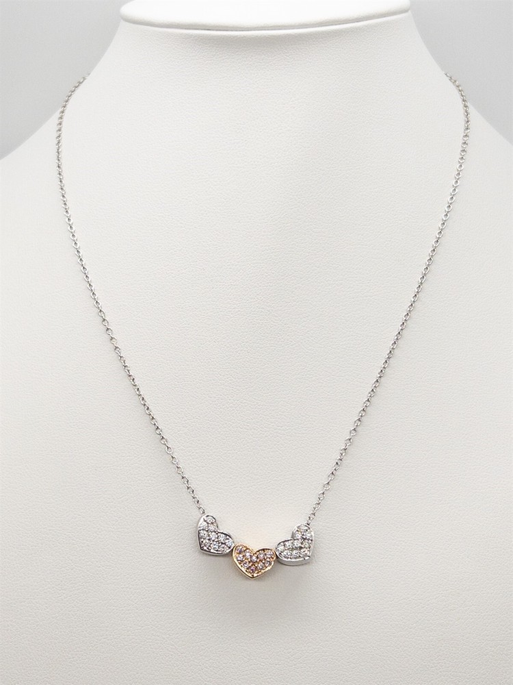 $6000 1ct VS G & FANCY INTENSE PINK Diamond 3 HEART 18k White Rose Gold Necklace