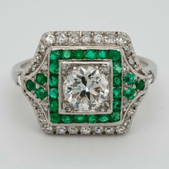 1920-1950s Classic Vintage Multi Shape CZ & Green Emerald Retro Engagement Ring