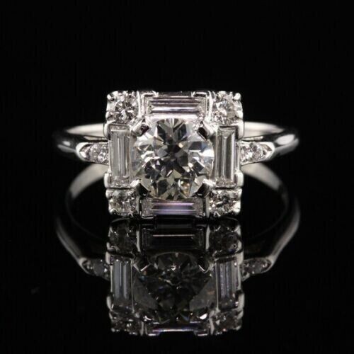 14K Gold Over 2CT Round Lab Created Diamond Ring Vintage Art Deco Halo Baguette