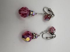 2 Pairs Pink AB Aurora Borealis Crystal Dangle Drop Clip-on Earrings Vtg