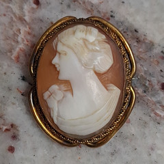 Vintage Shell Cameo Brooch Gold Tone Left Facing Lady Portrait
