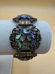 Vtg Judy Lee Peacock Carnival Art Glass Panel Bracelet Renaissance Revival
