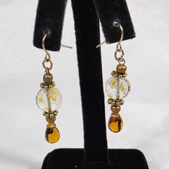 Dangle Earrings Yellow & White Lampwork Glass Beads Amber Teardrop Bead Accents