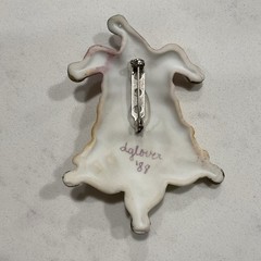 Signed 1989 Jester Ceramic Brooch Pin w/ Multicolor Rhinestones 3 in