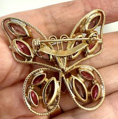 VTG Pink & Lavender Rhinestone Butterfly Brooch ,Clip-On Earrings Set,Gold Tone