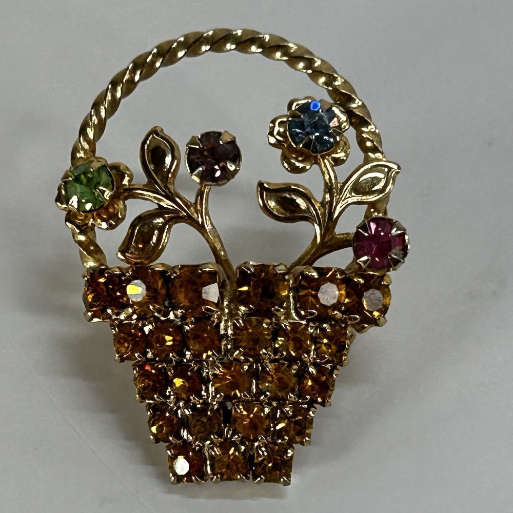 Vintage Flower Basket Rhinestone Brooch Pin Gold-Tone Multicolored MCM