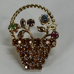 Vintage Flower Basket Rhinestone Brooch Pin Gold-Tone Multicolored MCM