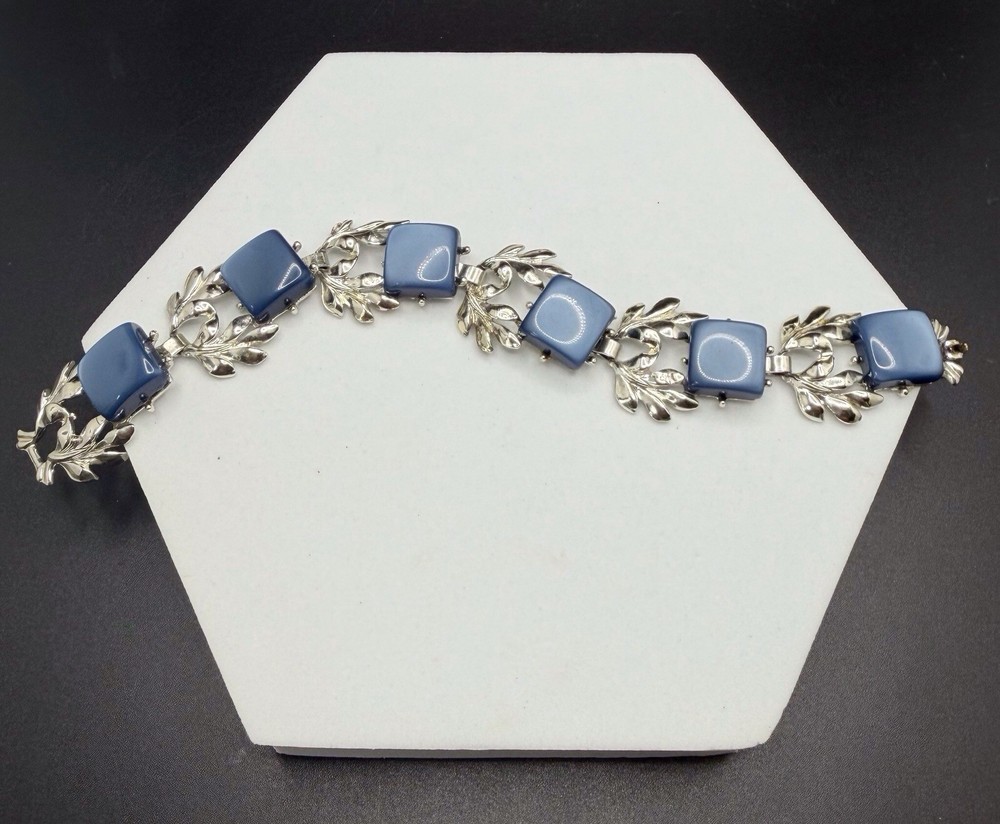 Vintage Blue Moonglow Thermoset Rhodium Plated Link Bracelet 7”