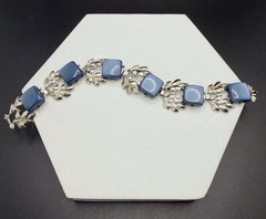 Vintage Blue Moonglow Thermoset Rhodium Plated Link Bracelet 7”