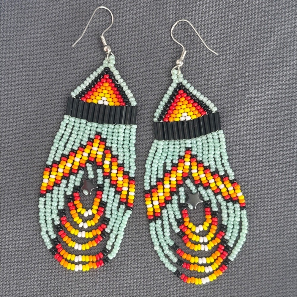 Tribal Earrings Seed Bead Handmade Multicolor Native American Boho Dangle 3” USA