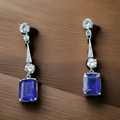Vintage Filigree 18k white gold blue sapphire Drops earrings Emerald Cut