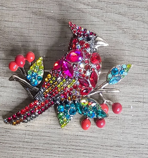 Colorful Rhinestone Red Cardinal Brooch Pin Gold Tone Crystal 3″