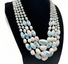 Vintage Multi 4 Strand Necklace Blue White Art Glass Beaded 17″ Choker Bib Japan