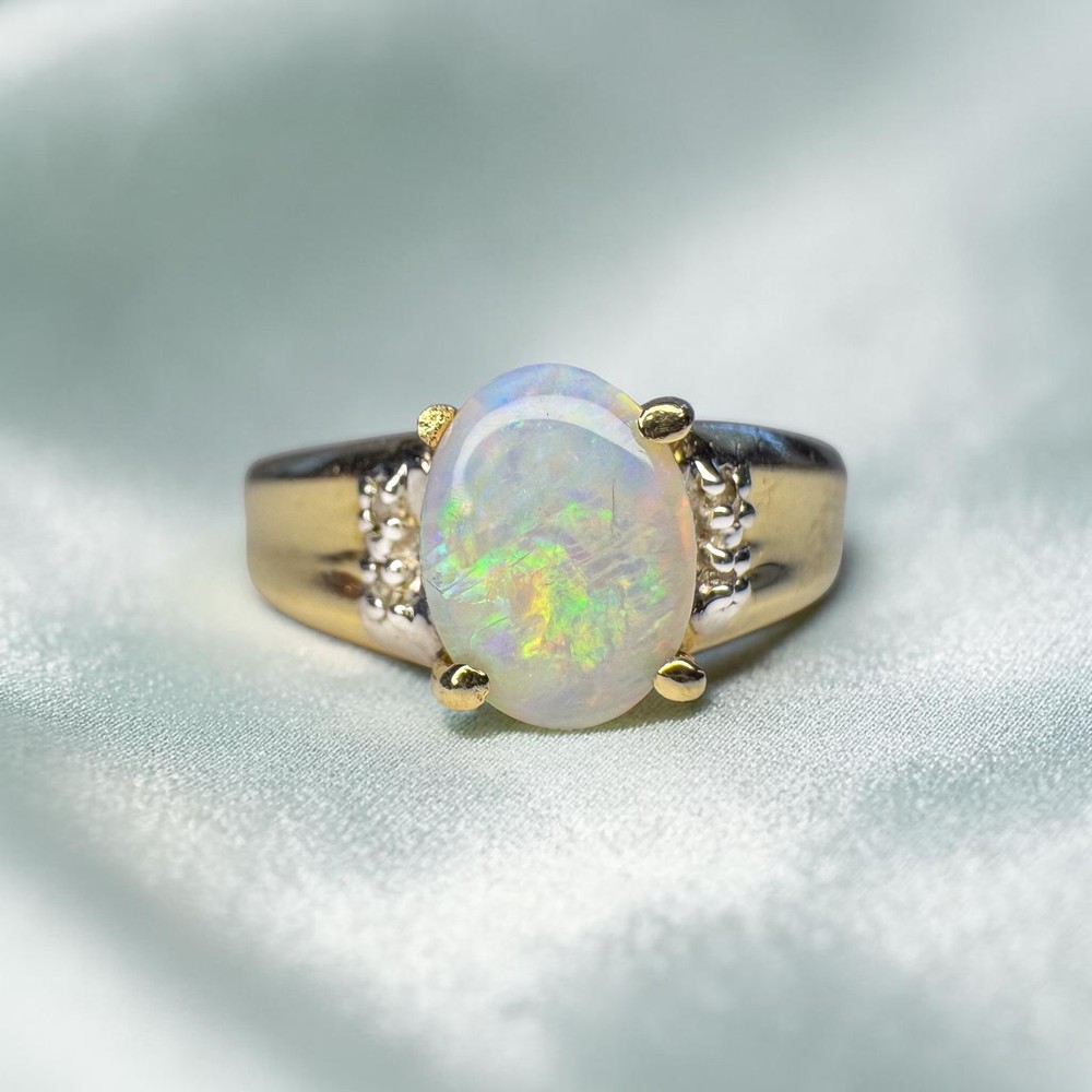 VINTAGE 10K Gold Natural Australian White Opal Diamond Ring Size 7 Rainbow Opal