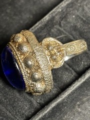 Vintage Large Chinese Blue Inlay Stone Ring Expandable Silver Toned