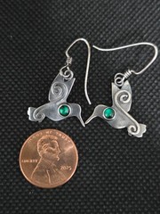 Vintage Green Eyed Hummingbird Dangle Earrings 925 Sterling Silver 1 3/8″ Drop