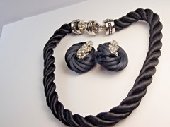 Vintage Twisted Black Cord Push Snap Lock Choker and Clip on Earring Set