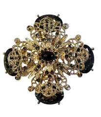 Filigree Gold Tone Smoky Gray Rhinestone Brooch Pin Intricate Detail Layered
