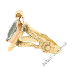 Retro Rosy Yellow Gold Unique Shape Aquamarine in Scalloped Shell Split Ring