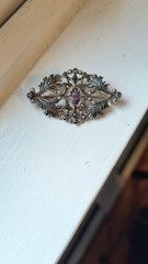 Art Deco Amethyst & Sterling Silver Vintage Brooch, Marcasites, ANtique Style