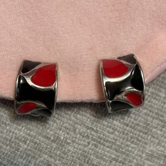 Vintage Estate Earrings Red Black Enamel Half Hoop Cuff Clip On Silver Tone 80s