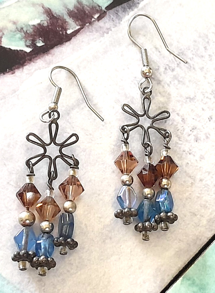 Boho Dark Silver Tone Long 3-Strand Blue Brown Bead 2.25″ Drop/Dangle Earrings
