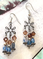 Boho Dark Silver Tone Long 3-Strand Blue Brown Bead 2.25″ Drop/Dangle Earrings