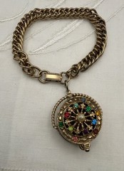 Vintage Flower Basket Charm Bracelet Gold Tone Rhinestones Victorian Revival