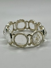 Vintage Silver Tone Large Clear Lucite Faceted Beads Stretch Cuff Bracelet 3”