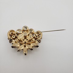 Vintage Rhinestone Brooch Aurora Borealis Yellow Marquise Gold Tone Fan Shape