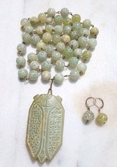 VINTAGE CARVED CALEDON JADE SCARAB PENDANT BEAD NECKLACE SET OOAK HUGE XLONG WOW