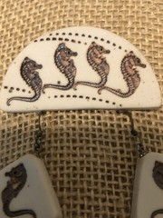 Vintage handmade fossilized looking seahorse pierced earrings and brooch