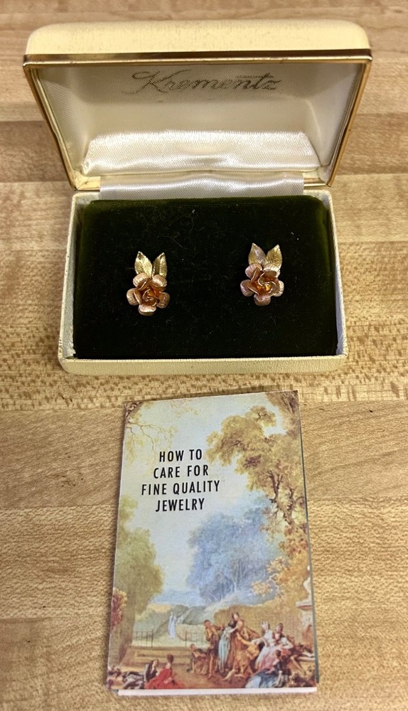 Vintage Rare Krementz 14k Gold Overlay Screwback Earrings Huge Rose Bud Leaf