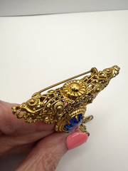 Vintage West Germany Brooch Blue Glass Gold Tone Signed FANTASTIC