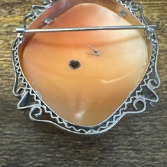 Vintage 14K Solid White Gold Cameo Brooch Pendant – Filigree, Diamond, Flowers