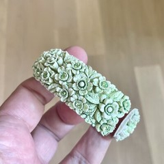 Vintage Bracelet Molded Plastic Green Celluloid Flower Rhinestone Clamper Hinged