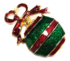 Estate Gold Tone Christmas Ornament & Red Ribbon Enamel Holiday Pin / Brooch