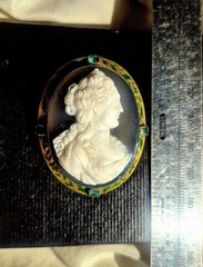Antique Chalcedony Cameo 14K Gold Brooch/Pendant W/enamel & Emeralds