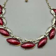 Vintage Burgundy Marquise Cabochon Gold Tone Necklace Clip On Earrings Set